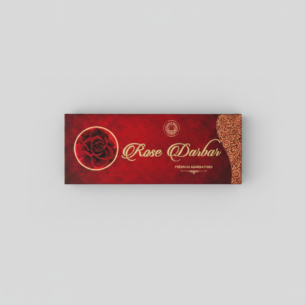 Red packaging of Rose Darbar premium agarbathies with a rose design on a white background