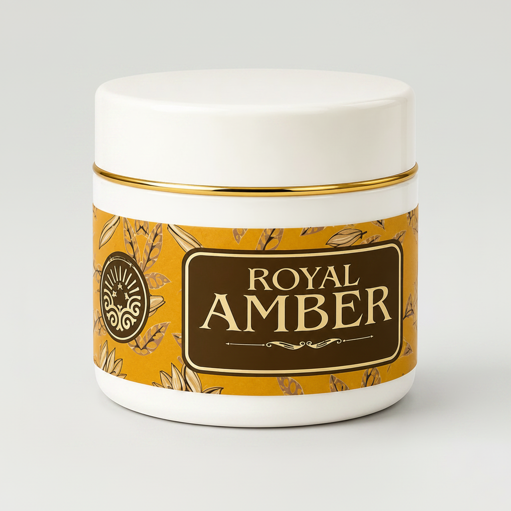 Jar of Royal Amber product with decorative label on a white background