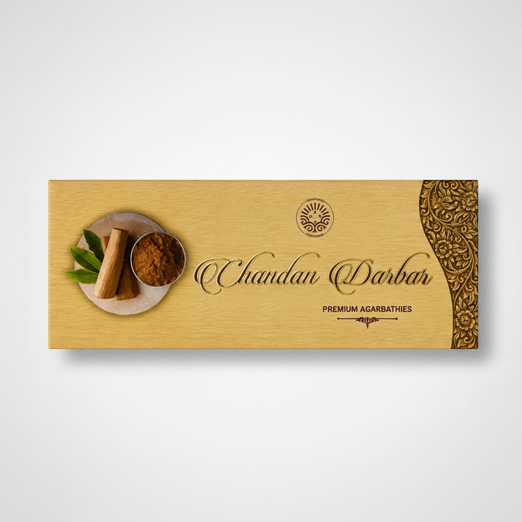 Chandan Darbar packaging with agarbatti and leaves on a wooden background