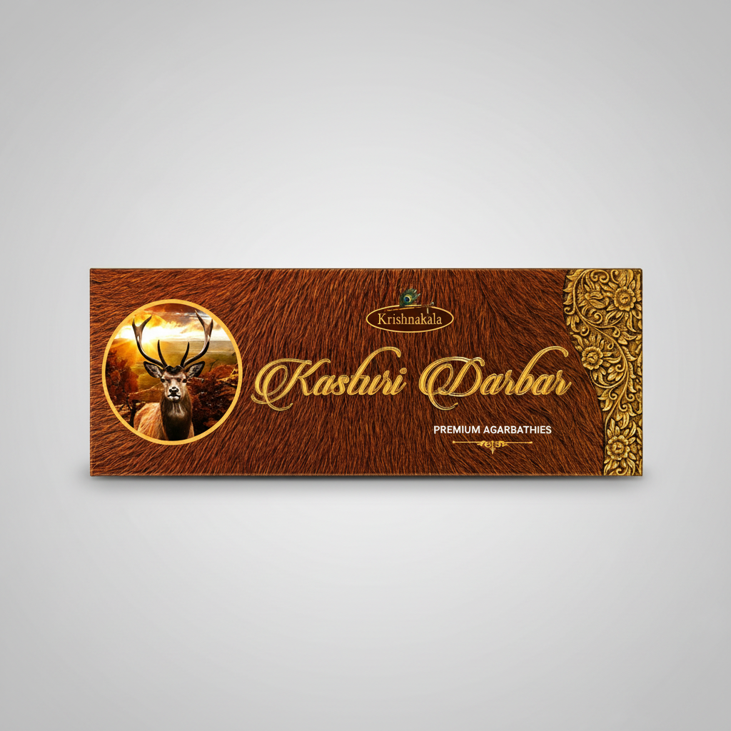Kraviikara Kasturi Darbar premium agarbathies packaging with deer image on brown background