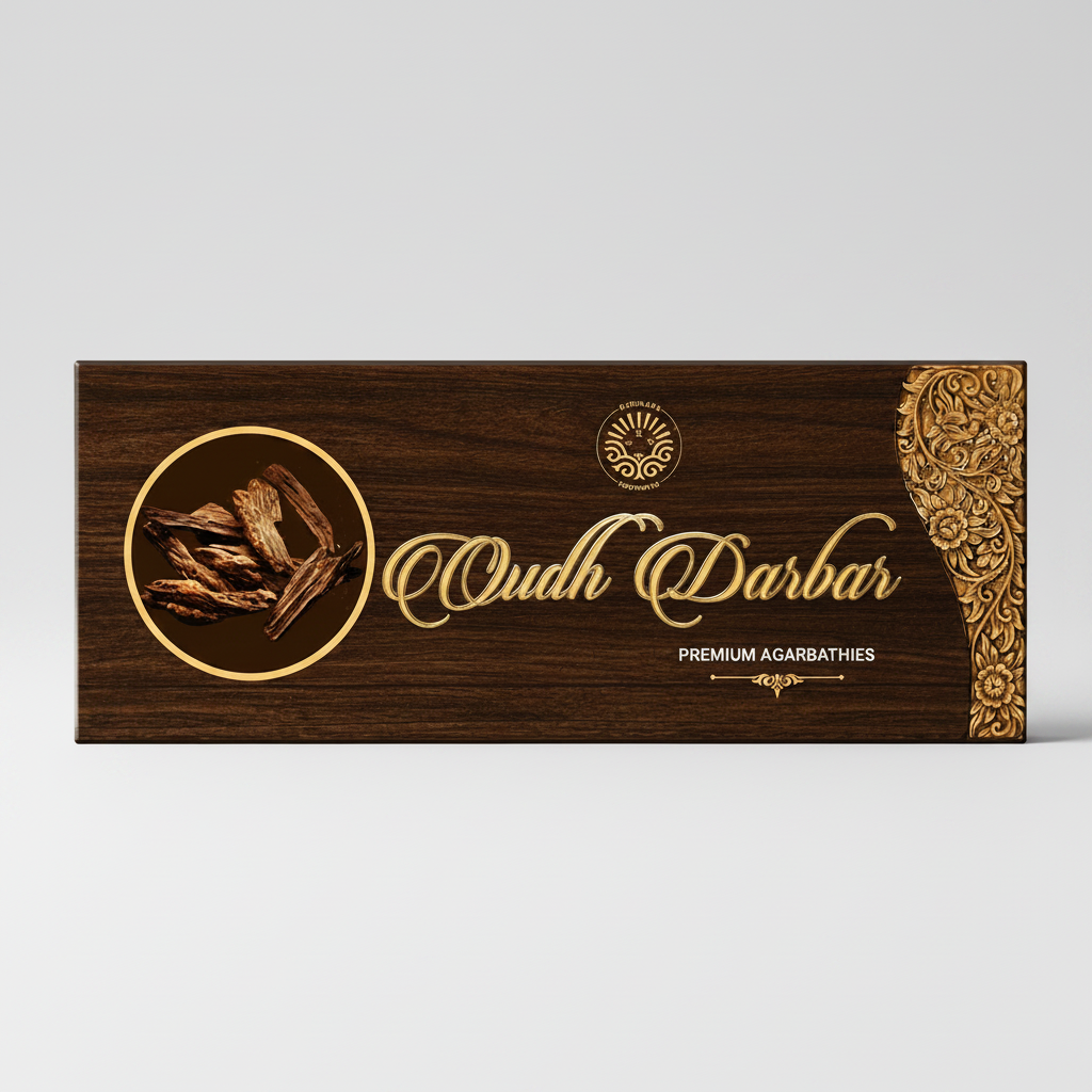 Wooden box with 'Oudh Darbar' branding and decorative elements on a white background