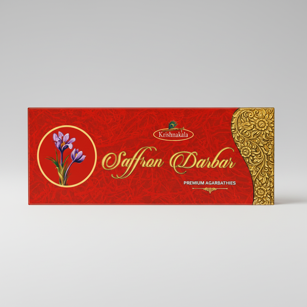 Red packaging of Krishnakala Saffron Darbar with floral design and gold text.
