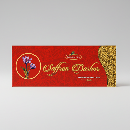 Red packaging of Krishnakala Saffron Darbar with floral design and gold text.